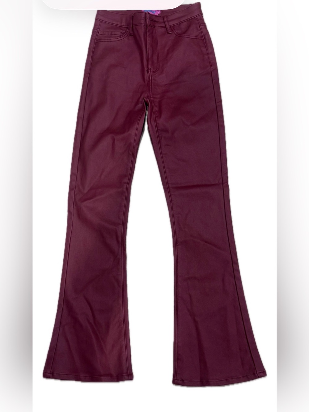 Edikted Luna Faux Leather Flare Jeans in a deep wine- red